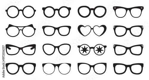 Various spectacle frames silhouettes for optician branding and fashion retail window displays.