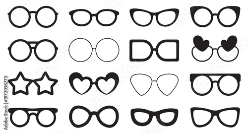 Set of black glasses and spectacles icons, many different shapes and styles, vector illustration.