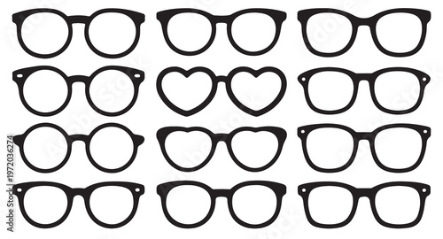 Set of black glasses and spectacles icons, many different shapes and styles, vector illustration.