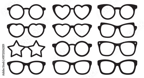 Set of black glasses and spectacles icons, many different shapes and styles, vector illustration.