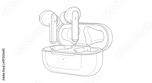Wireless Earbuds with Charging Case Line Drawing