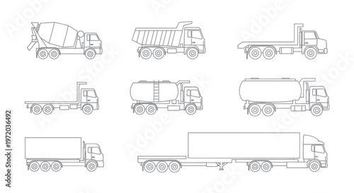 Collection of Truck Icons: Cement Mixer, Dump Truck, Flatbed, Tanker, Semi-Trailer