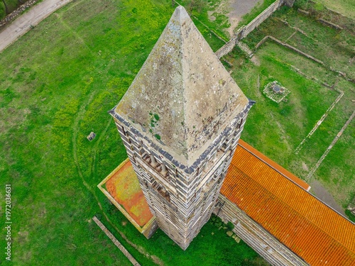 Aerial view from above the bell tower of Basilica di Saccargia in Sardinia. Codrongianos, Italy