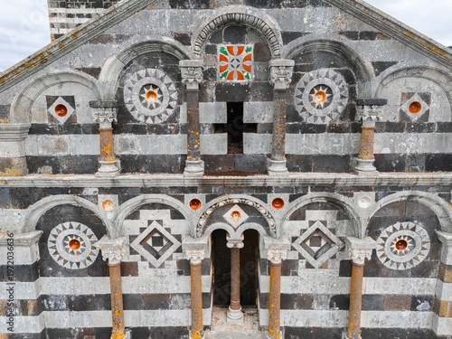 Detail of the facade of the Basilica of Saccargia, Codrongianos. Sardinia, Italy