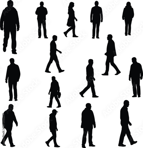 People silhouette collection with various walking and standing poses, black and white vector set for urban lifestyle and design use