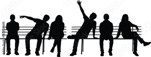 People sitting on bench silhouettes in various poses representing urban lifestyle, relaxation, social interaction, and public space activity isolated on white background