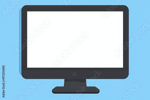 A computer monitor with a blank screen on a blue background