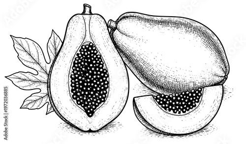 Detailed botanical papaya fruit set with whole fruit half and slice vector illustration
