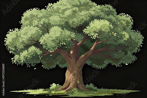 A drawing of a tree with green leaves on it