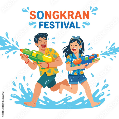 Vector of two happy Thai people playing in the water celebrating "Songkran Festival" 001