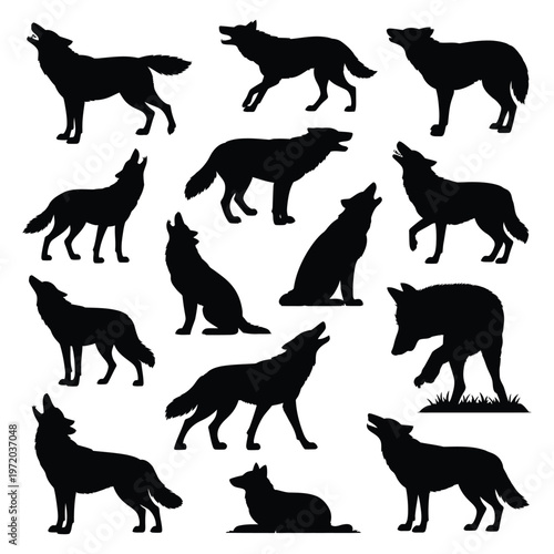 A collection of black silhouettes depicting various wolf poses and actions