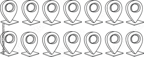 Silhouettes of twelve identical location pin icons arranged in rows representing map markers and navigation points
