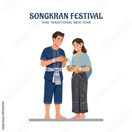 Vector of two happy Thai people playing in the water celebrating "Songkran Festival" 007