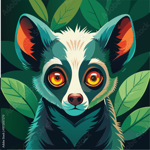 Cute illustration of a young aye aye lemur in a lush green forest setting.