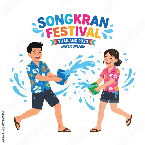 Vector of two happy Thai people playing in the water celebrating "Songkran Festival" 004