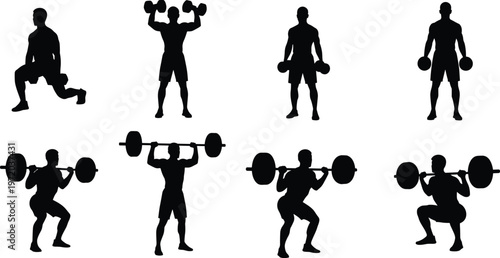 Weightlifting and fitness silhouettes set showing squats presses and dumbbell exercises isolated black vector illustration for gym workout training design use