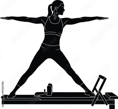 Woman exercising on reformer machine performing stretching pose isolated black silhouette vector illustration for fitness pilates workout training design use