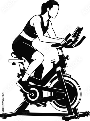 Woman riding stationary exercise bike, indoor cycling workout, fitness training concept, cardio exercise, healthy lifestyle, gym equipment silhouette vector illustration
