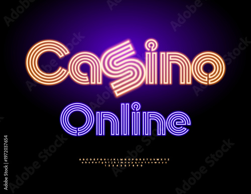 Vector Neon emblem Casino Online. Glowing Maze style Font. Led Illumination set of Bright Alphabet Letters and Numbers.