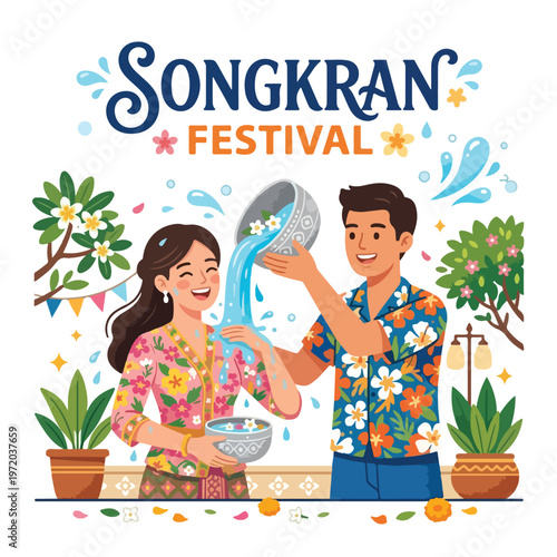 Vector of two happy Thai people playing in the water celebrating "Songkran Festival" 005