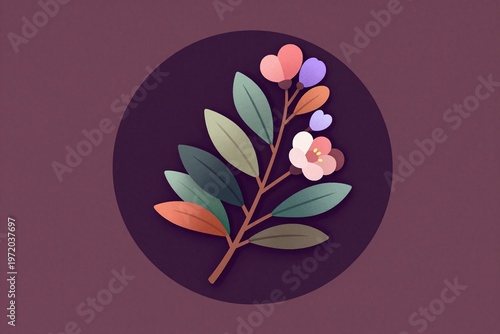 A drawing of a plant with leaves and flowers on a purple background