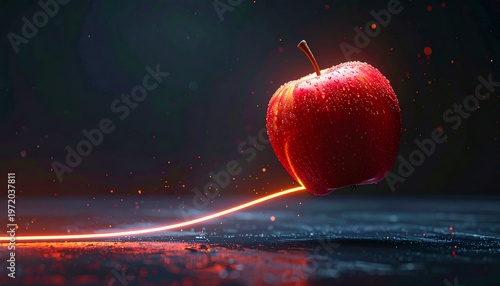 A vibrant red apple hovering with a bright light on a dark and dynamic backdrop, creating a sense of wonder