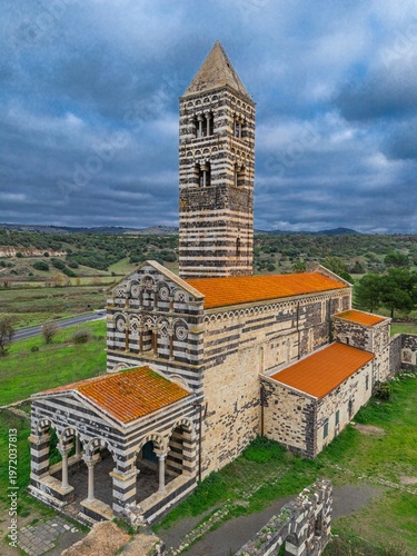 View of the east side of the Basilica of Saccargia. Codrongianos. Sardinia, Italy