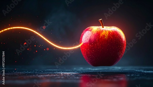 A vibrant red apple glows with energy, with a bright line. The apple is a symbol of knowledge and innovation