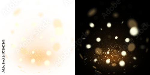 Transparent background contains this elegant glowing golden bokeh light effect. It features floating magical dust particles and blurred shiny orbs for festive overlays.