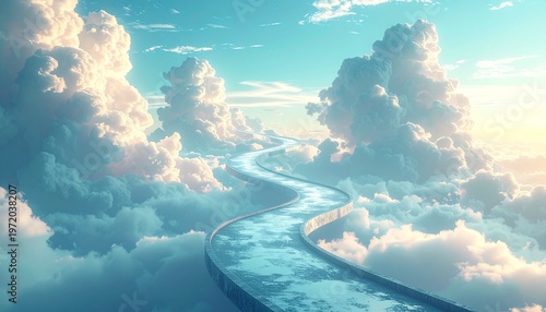 A heavenly path winds its way through fluffy clouds in the sky, creating a beautiful and serene scene. The sky is a gradient of blue and white.