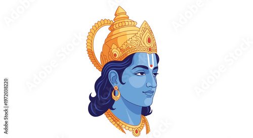 A detailed profile portrait of the blue-skinned Lord Rama wearing a magnificent golden crown and traditional jewelry against a clean white background.