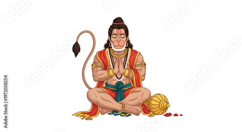 Lord Hanuman sits in a serene meditative posture with hands joined in prayer while his golden mace rests on the clean white floor beside his powerful form.