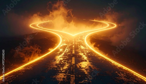 A visually striking image of a fork in the road, illuminated with a warm, glowing light, symbolizing choices and paths ahead