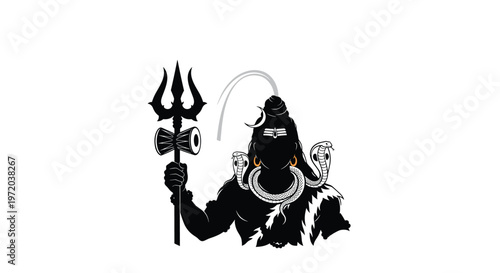 A striking black silhouette of Lord Shiva holding a powerful trident and drum against a pristine white background with intricate white snake details.