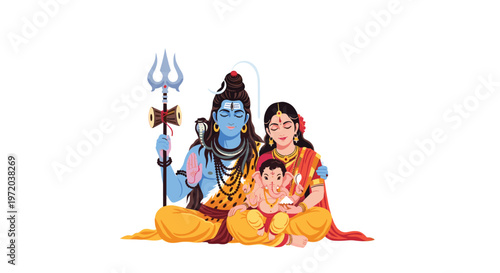 The divine Hindu family of Shiva Parvati and Ganesha sits together in a peaceful embrace featuring soft lighting and a prominent silver trishula staff.