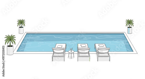 A tranquil rectangular swimming pool area features three comfortable white lounge chairs and symmetrical potted palm trees under a bright and clear daytime sky.