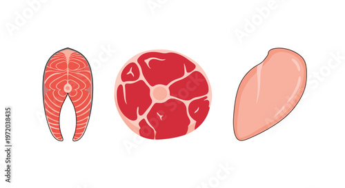 Three diverse portions of fresh raw protein including a pink salmon steak, a marbled red beef cut, and a pale chicken breast on a clean white background.