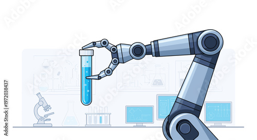 A sophisticated robotic arm meticulously holds a transparent test tube containing vibrant blue liquid within a modern scientific laboratory setting with monitors.