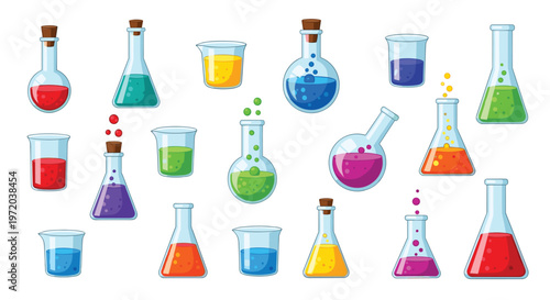 A diverse collection of glass laboratory flasks and beakers contain vibrant bubbling liquids in a wide spectrum of bright colors against a light background.