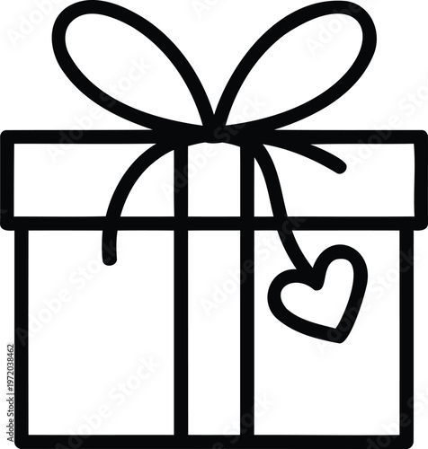 Line drawing of a gift box with a heart tag and ribbon with line art