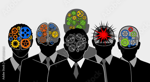 Conceptual illustration of diverse business minds with gears and mechanisms, symbolizing teamwork, innovation, problem-solving, and collective intelligence.