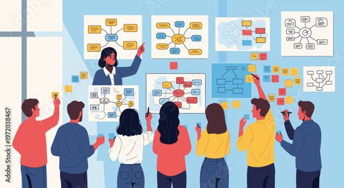 Diverse business team actively brainstorming and collaborating on project strategy, mind mapping, and problem-solving in a modern office meeting.