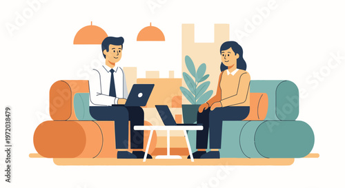 Modern business illustration of two colleagues working remotely on laptops, collaborating on a project in a comfortable co-working space or office lounge.