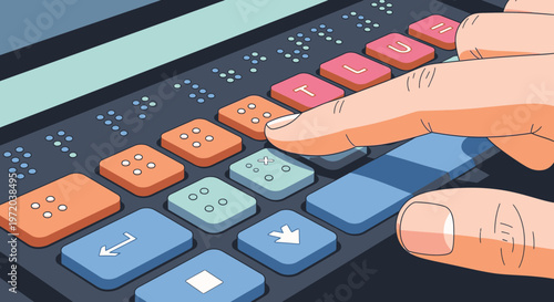 Close-up of hands typing on a Braille keyboard, symbolizing digital accessibility and inclusive technology for visually impaired individuals. Flat design illustration.
