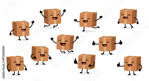 Ten cheerful brown cardboard box characters with expressive faces and thin black limbs jump and wave their arms enthusiastically against a beige background.