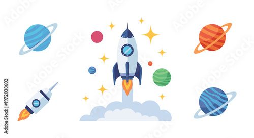 A sleek white rocket ship blasts off into a deep space environment filled with vibrant ringed planets and glowing yellow stars on a white background.