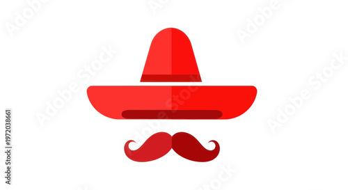 Red Sombrero Hat and Moustache Icon - Mexican Fiesta Celebration Symbol