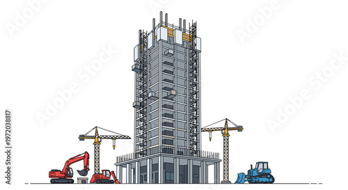 A massive concrete skyscraper structure under construction featuring two tall yellow tower cranes and heavy machinery operating on a clean white background.