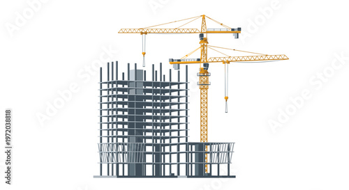 A complex multi-story building skeleton under construction with two large yellow tower cranes positioned against a stark and minimalist white background.