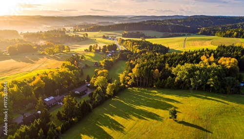 Aerial view of a serene countryside landscape